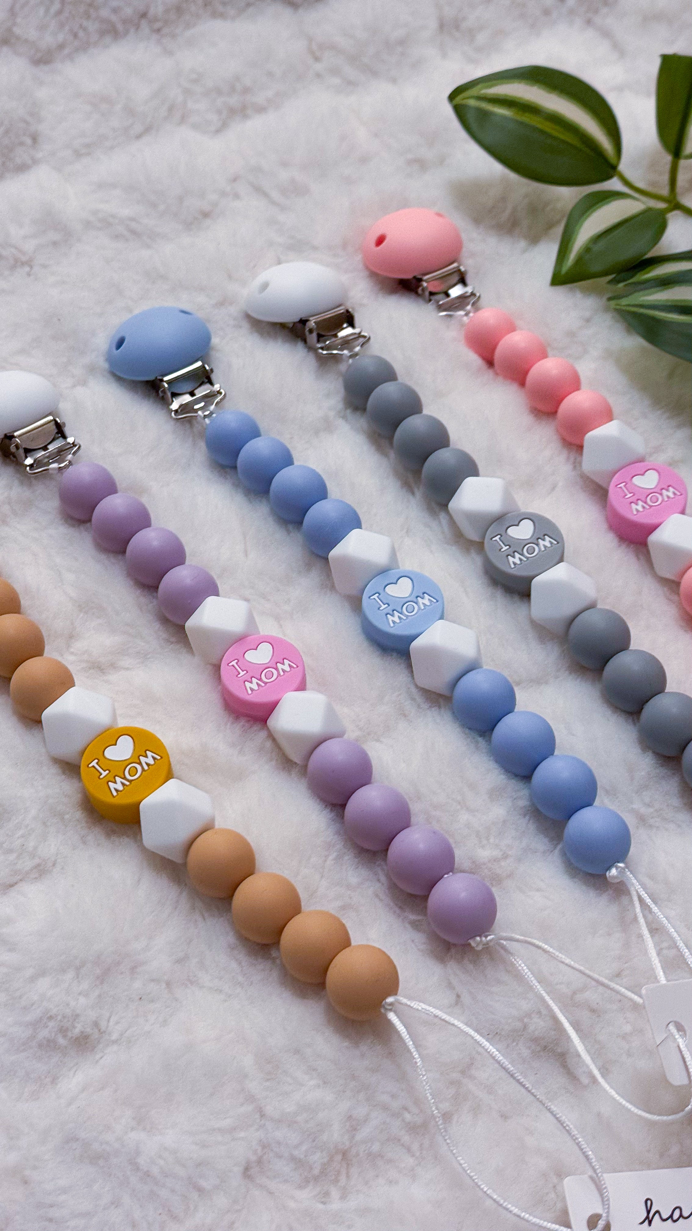 Outseam Pacifier Clip I Love Mom in Violet — handmade pacifier holder