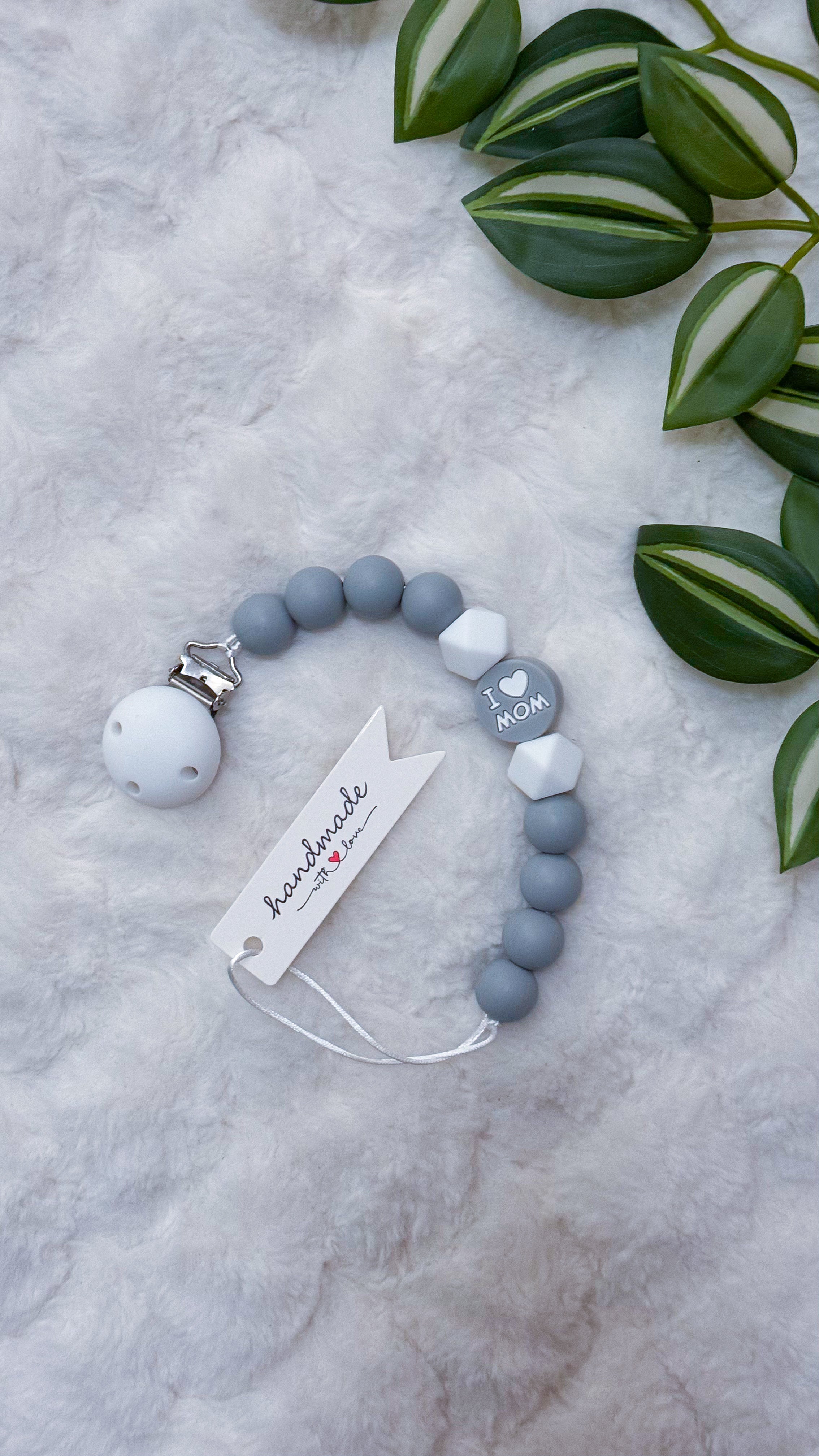 Outseam Pacifier Clip I Love Mom in Beige — handmade pacifier holder